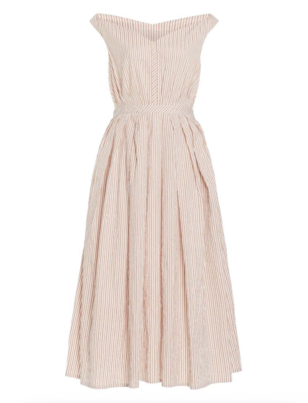 Thierry Colson Valeria Striped Seersucker Off-The-Shoulder Midi Dress Tan Small